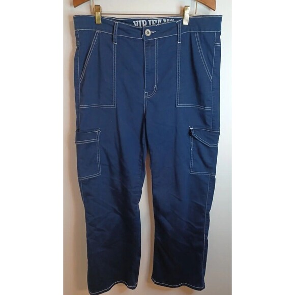 VIP Cargo Pants Jeans M 17/33 Navy Blue Y2k Baggy Gorpcore 90s Hipster Parachute - Picture 1 of 13